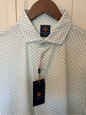 Donald Ross Men's White Button-Down Shirt with Green Micro-Print